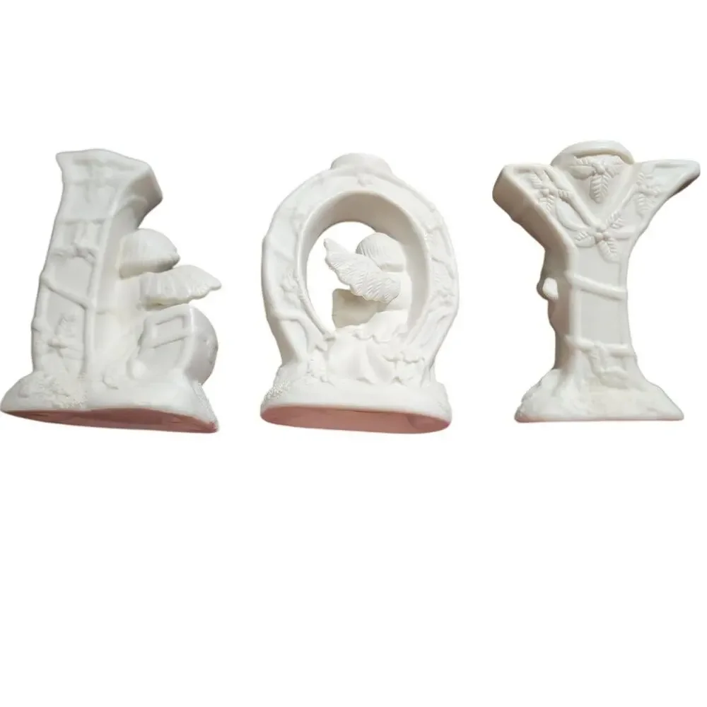 Set of 3 Angel Cherubs White Bisque Porcelain Christmas JOY Candle Holder